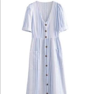 Zara Trafaluc Blue White Striped Button Down Midi Dress Sz L
